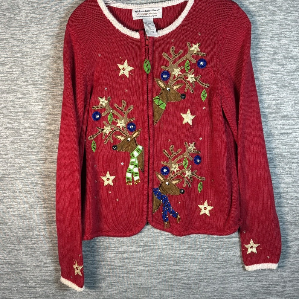 Vtg Heirloom Collectibles Christmas Reindeer Zip Sweater Cardigan Womens M